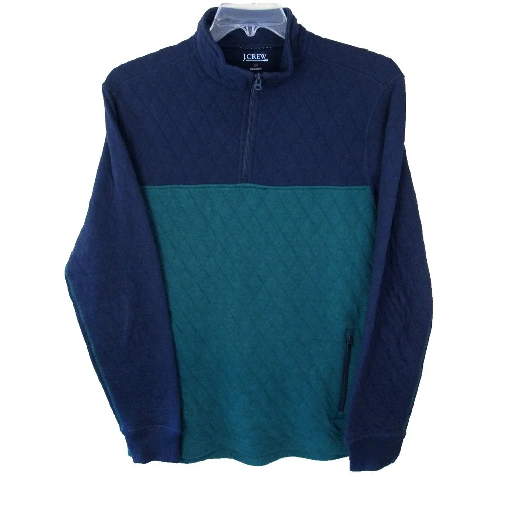 J. Crew Quilted Half Zip Pullover Men's Medium Navy Blue Green‎ Preppy